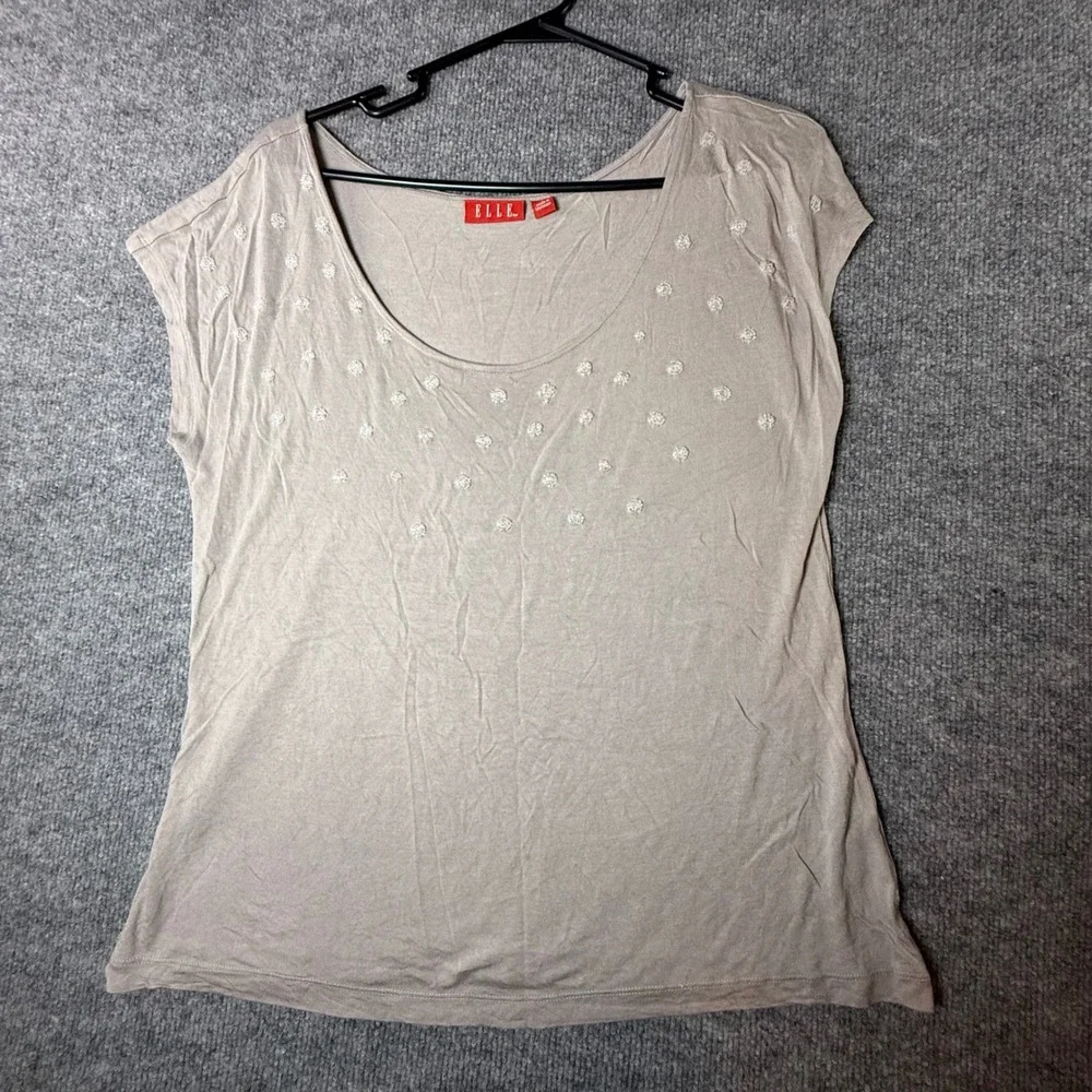 ELLE Womens Taupe Beaded Polka Dot Cap Sleeve Scoop Neck Rayon Top Large